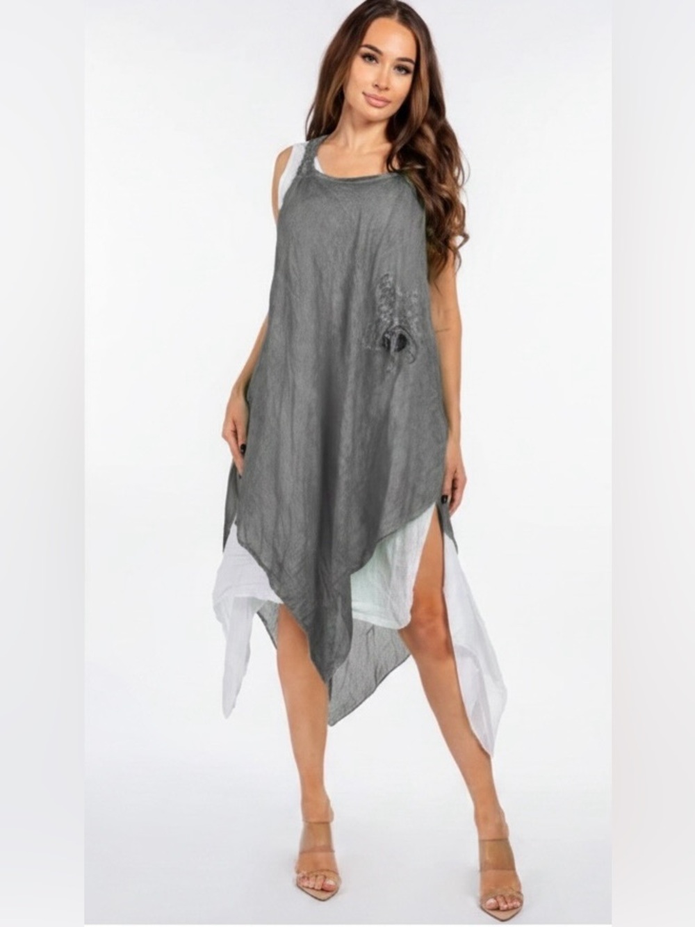 Zury 100% Cotton Raw Asymmetrical Lagenlook Boho Hippie Dress Size S/M Gray